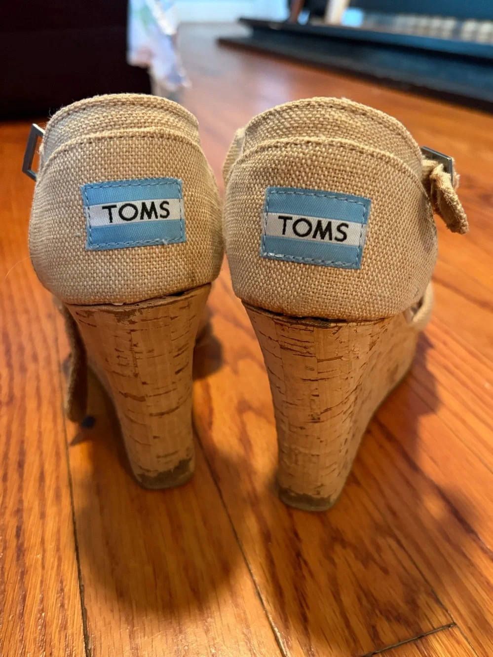 Toms Beige Canvas Cork Wedge Sandals with Ankle Strap size 7